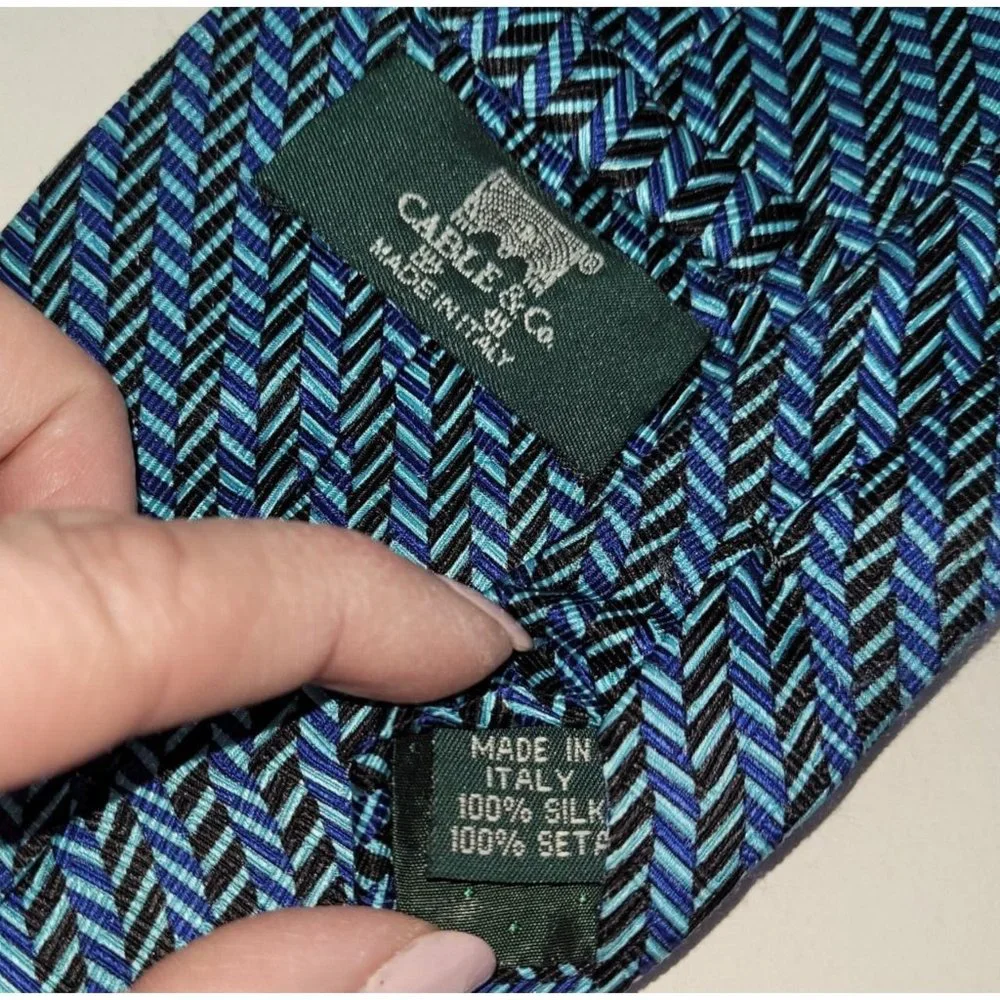 Cable & Co Mens Silk Neck Tie‎ Blue/Black Print Made in Italy